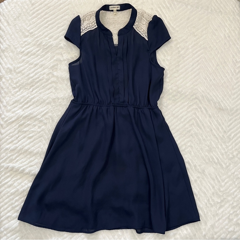 Monteau Girl Navy Blue Crochet yoke Dress size large‎ 14
